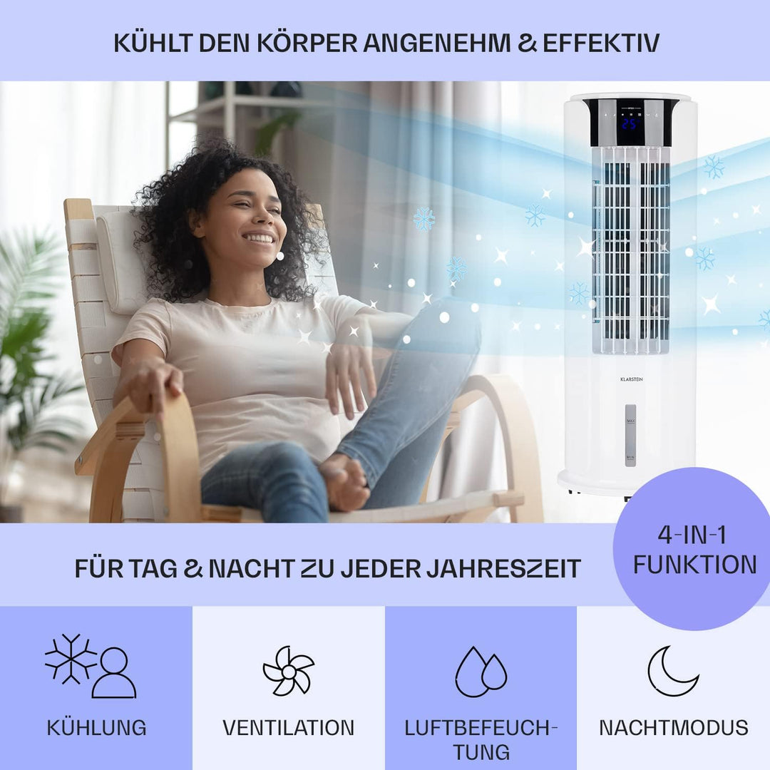 Klarstein Luftkühler mit Wasserkühlung, 4-in-1 Raumkühler, Luftbefeuchter, Ventilator & Nachtmodus, Mobile Klimageräte Luftkühler mit 3,5L Tank & Timer, 60W Air Cooler mit 486 m³/h Luftstrom