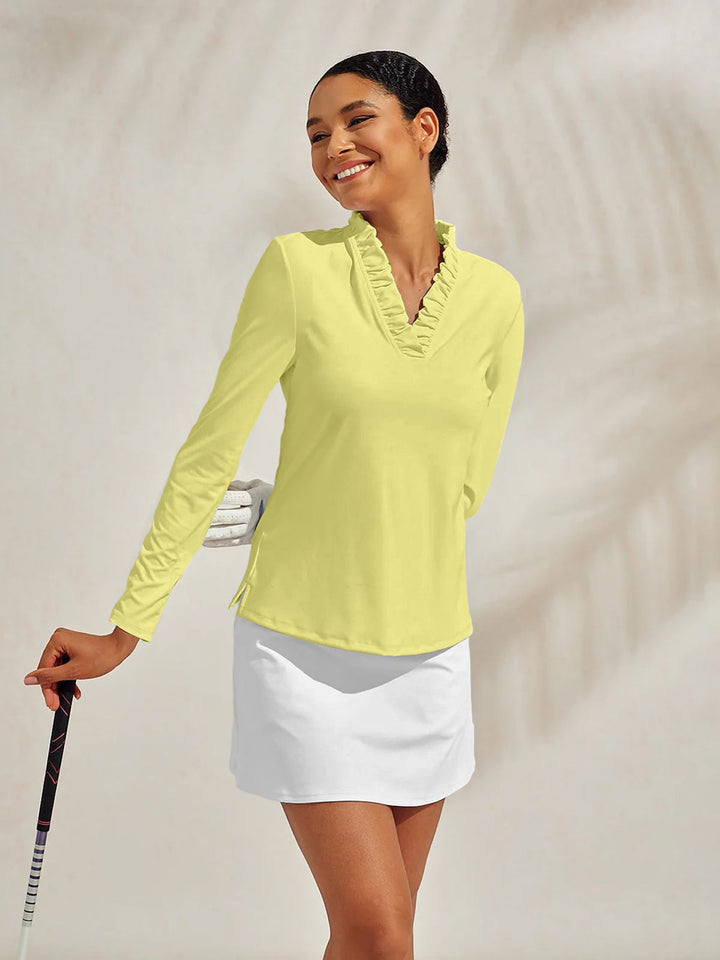 Golf-Poloshirt für Damen mit UV-Schutz UPF50+ und V-Ausschnitt | Langärmeliges Sportshirt mit Rüschendetail