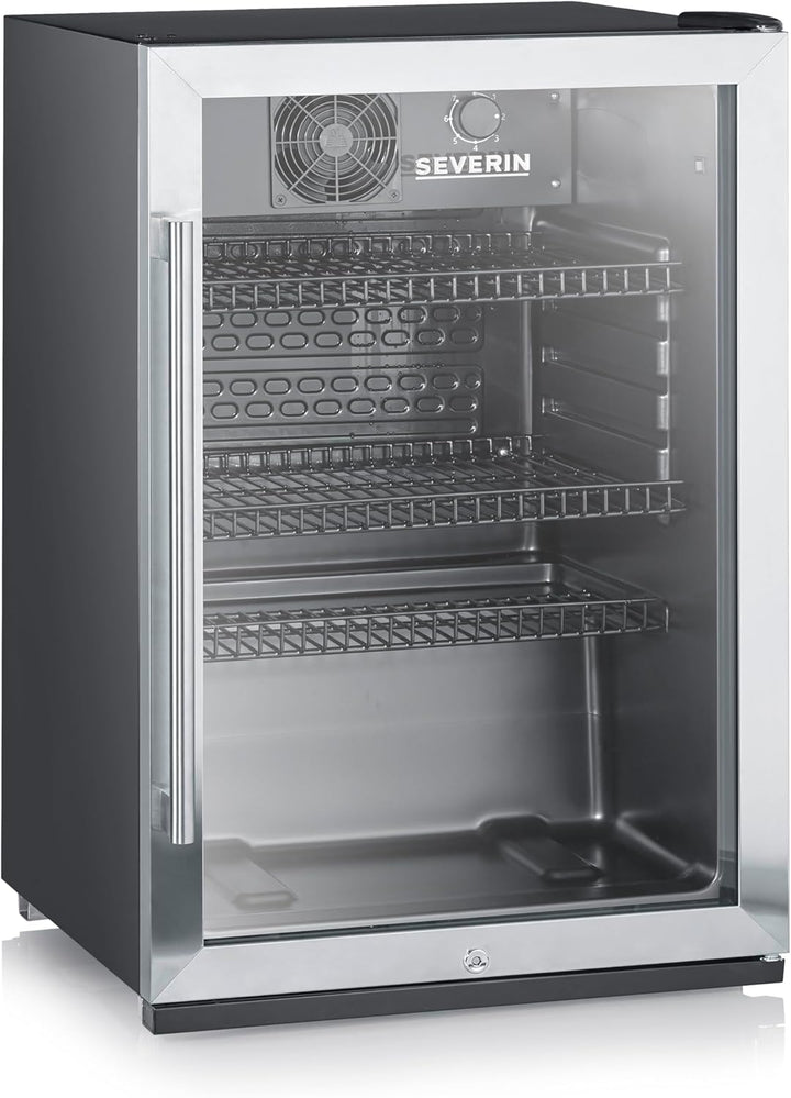 SEVERIN Flaschenkühlschrank, mit integriertem Schloss und integrierter LED-Beleuchtung, 118 L Nutzinhalt, schwarz/silber, FSK 8840