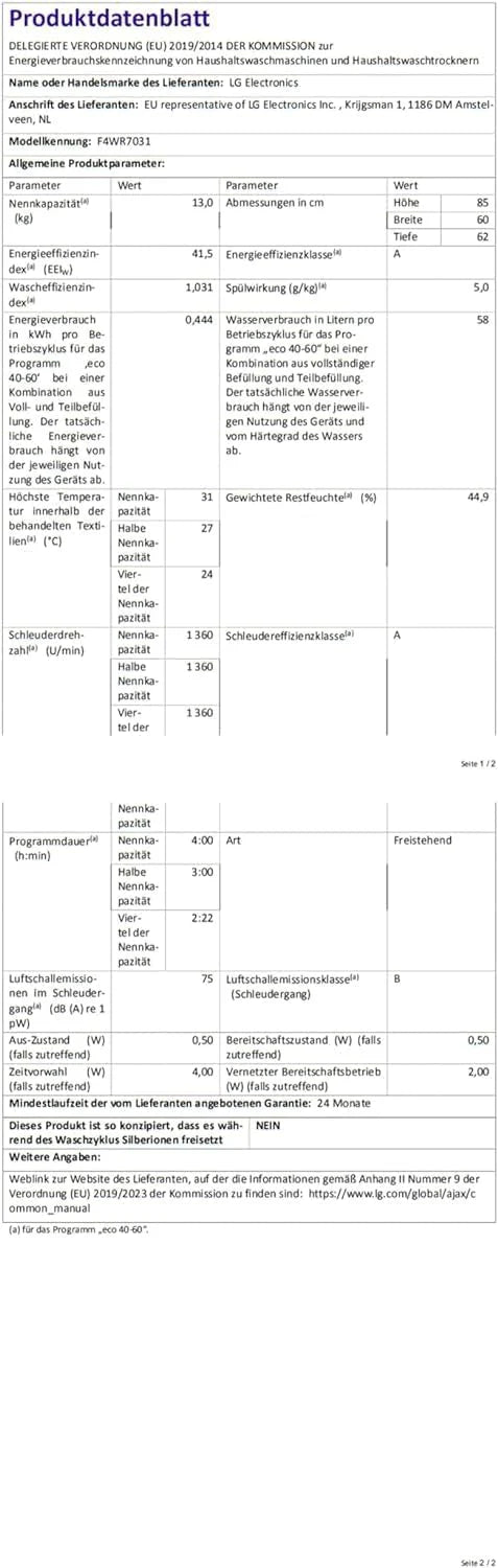 LG F4WV7080, Klasse A, Frontlader-Waschmaschine 8 kg, 1400 U/Min, AI Direct Drive, Wi-Fi, Tiefenreinigung mit Dampf, Groe Kapazitt, TRIPLE A, Auentür aus Sicherheitsglas, 62 x 60 x 85 cm  Wei