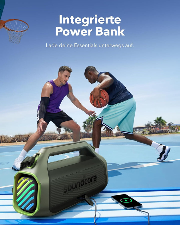 soundcore Boom 2 Plus Outdoor Lautsprecher, 140W, 2+2 Channel, BassUp 2.0, 20h, Schnellladung, IPX7 wasserdicht, RGB Lichter, USB-C, Power Bank, BT 5.3, tragbarer Bluetooth Lautsprecher, Camping