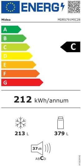 Midea KS-DDX 6.32 WT Side-by-Side Kühl-/Gefrierkombination/ 178,8 cm Hhe/ 254 kWh/Jahr/No Frost/Dual Inverter Compressor/mit 3in1 Wasser-/Eisspender und Wassertank, Dark Inox