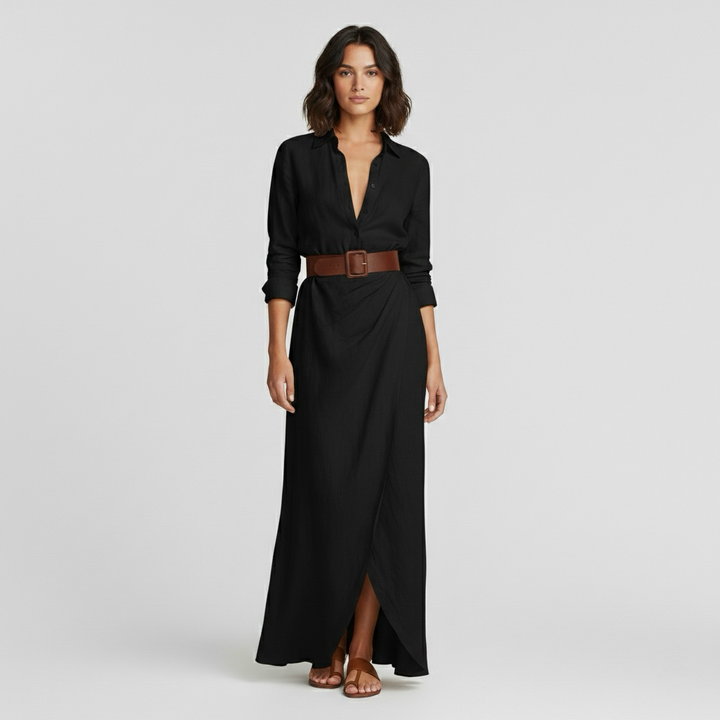 Abito lungo da donna a maniche lunghe con cintura per eventi