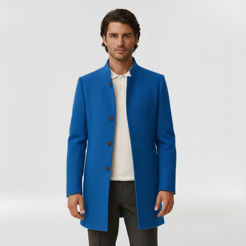 Men's coat with single front button fastening for winter