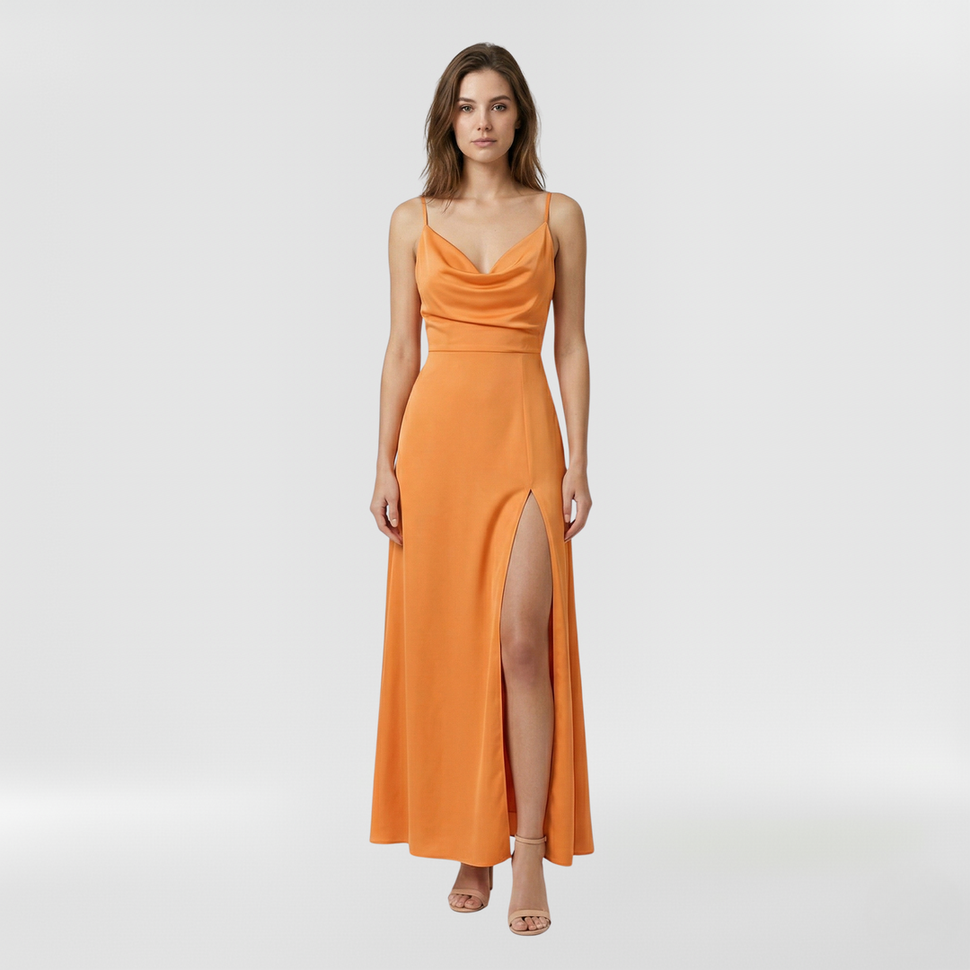 Abito lungo con spacco laterale e bretelle per donna