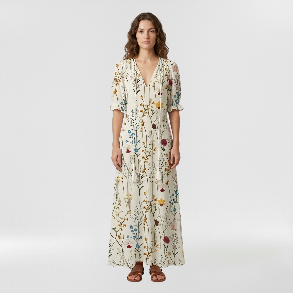 Abito lungo a fiori con maniche corte da donna