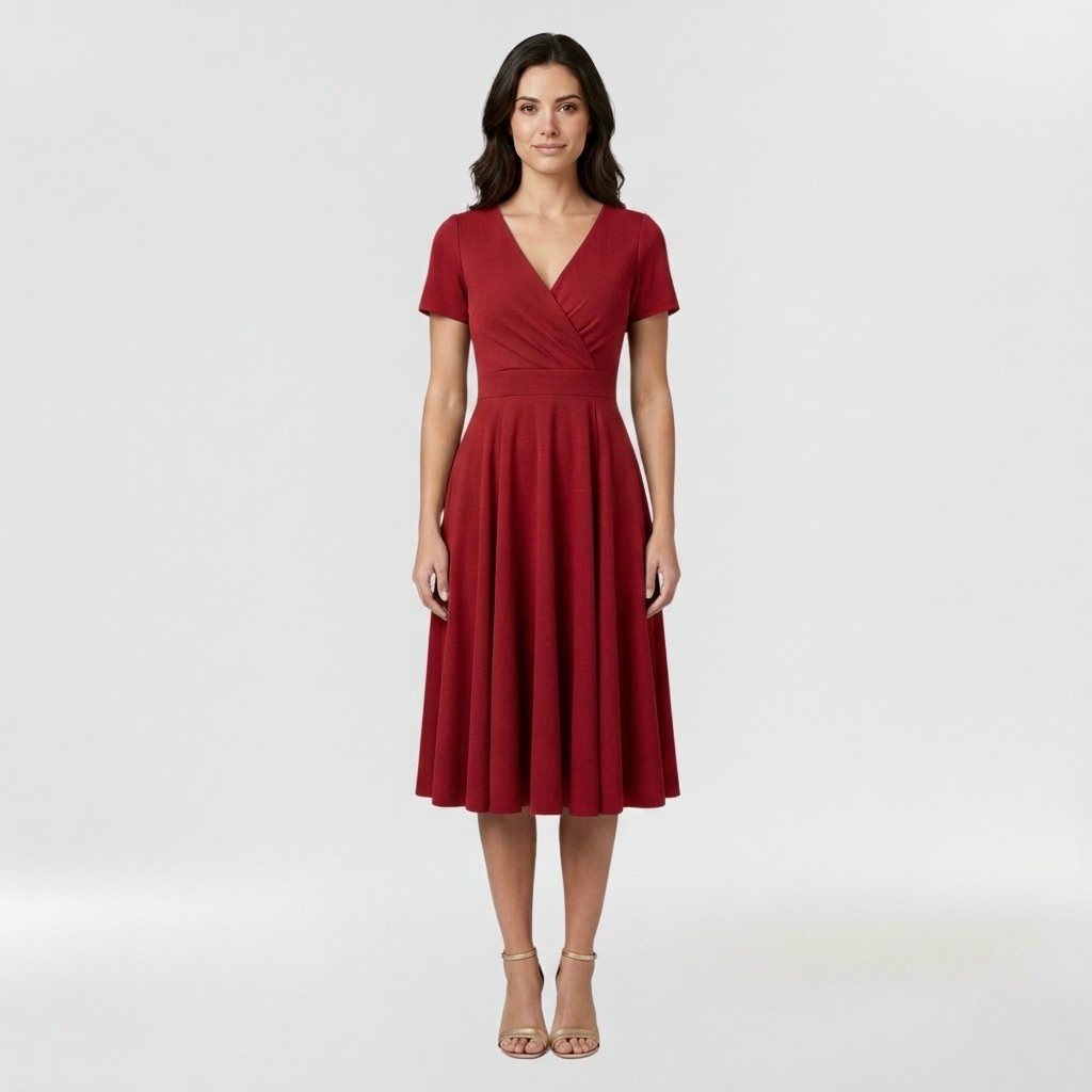 Robe midi pour femme avec décolleté en V et manches courtes