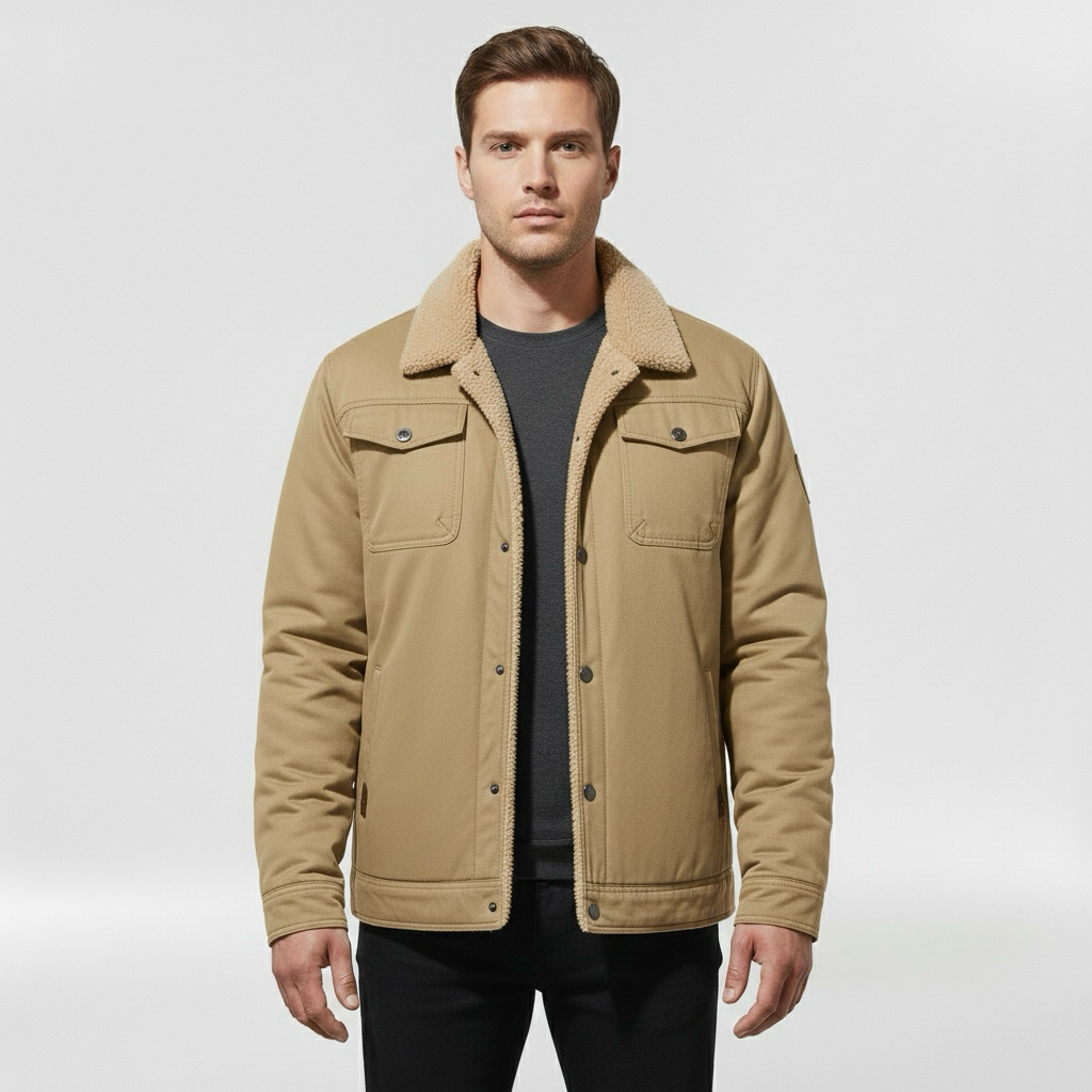 Pánská bunda s límcem z beránčí kožešiny a předním zipem pro chladné počasí