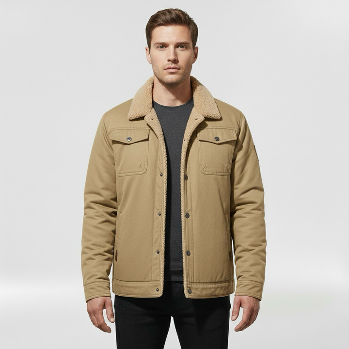 Pánská bunda s límcem z beránčí kožešiny a předním zipem pro chladné počasí