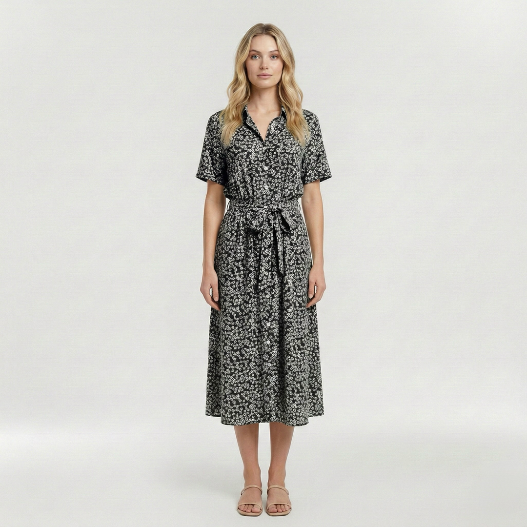 Vestito midi stampato con cintura e manica corta da donna