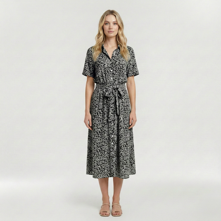 Vestito midi stampato con cintura e manica corta da donna
