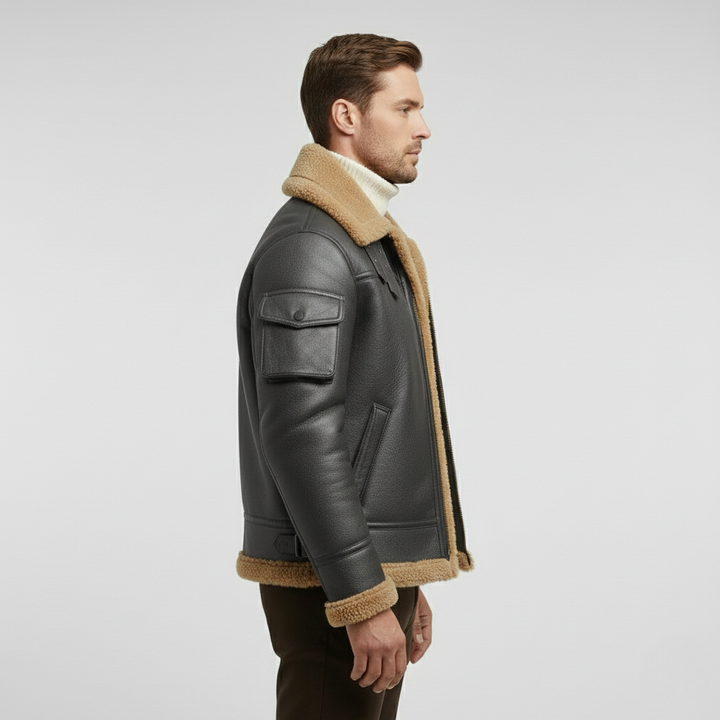 Pánská kožená bunda s beránkem v barvě velbloudí srsti na zimu