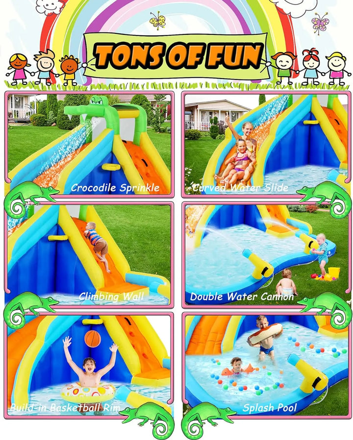 Aufblasbare Wasserrutschen für Kinder, 8-in-1-Hüpfburg-Wasserpark mit 450-W-Gebläse, Kletterwand, Planschbecken, 2 Wasserkanonen, Basketballkorb, Wasserrutsche, Krokodilsprinkler als Geschenk für eine Gartenparty