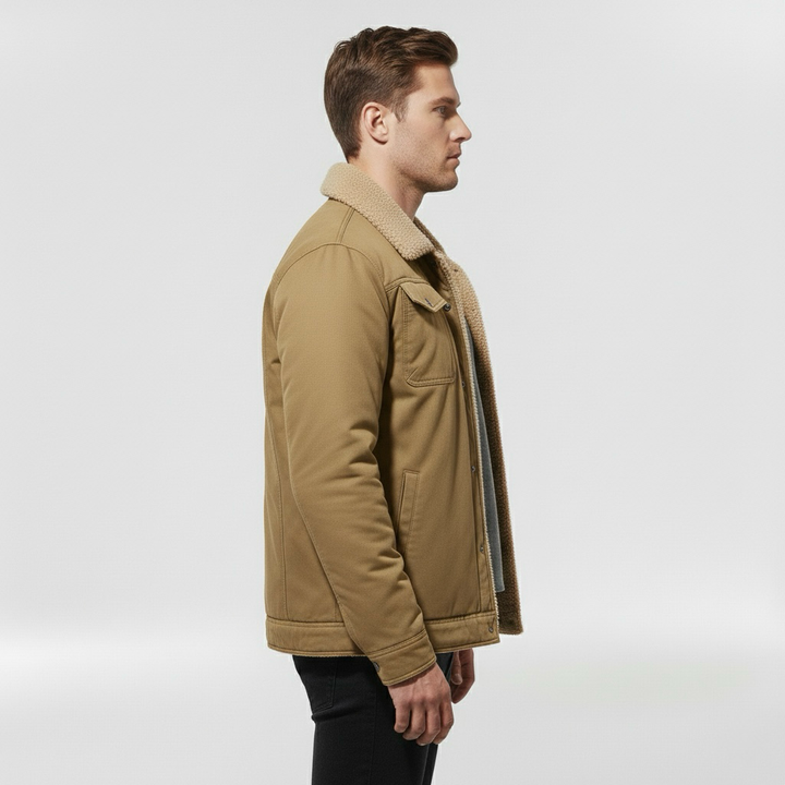 Pánská bunda s límcem z beránčí kožešiny a předním zipem pro chladné počasí