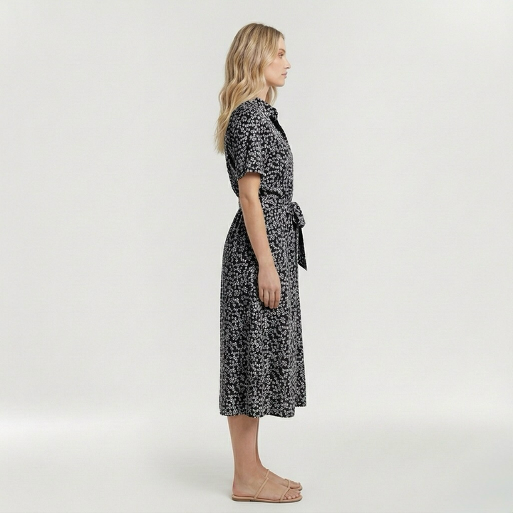 Vestito midi stampato con cintura e manica corta da donna