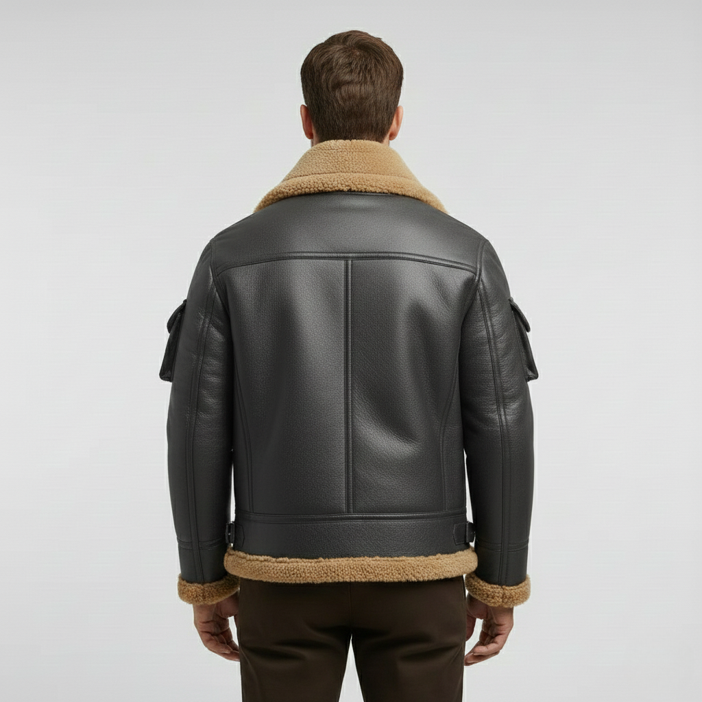 Pánská kožená bunda s beránkem v barvě velbloudí srsti na zimu