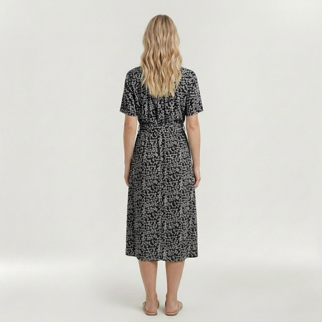 Vestito midi stampato con cintura e manica corta da donna