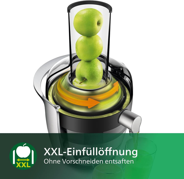 Philips Entsafter – 1100W, 2L, HomeID-Rezepte-App, XXL-Einfüllffnung, QuickClean (HR1921/20), 25 x 43.2 x 29.6 cm, Edelstahl