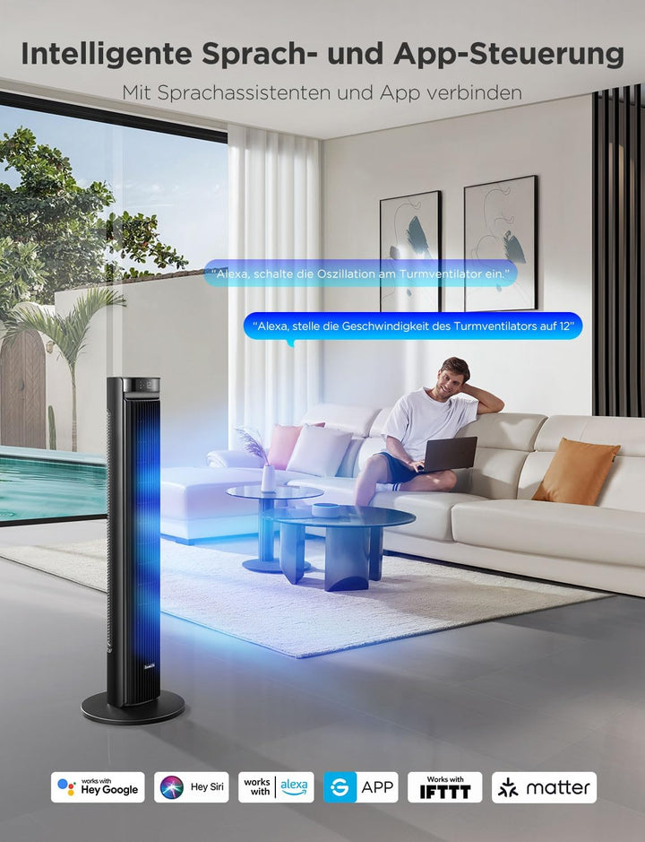 GoveeLife 27 dB leiser Ventilator, 12 Geschwindigkeiten bis zu 8 m/s, 5 Modi, 24-Stunden-Timer, intelligenter Turmventilator mit 150°-Oszillation, APP- und Sprachsteuerung für Zuhause, schwarz