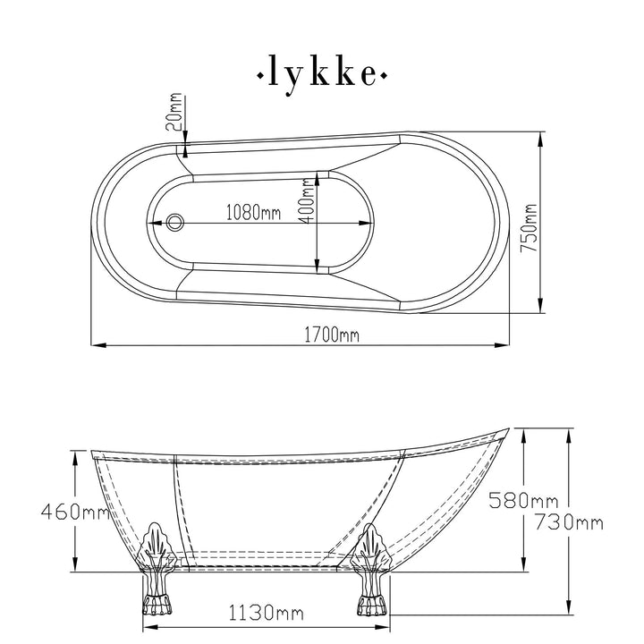 Lykke Badewanne mit Füen Nordic Deluxe 1700x750x730mm, Wei