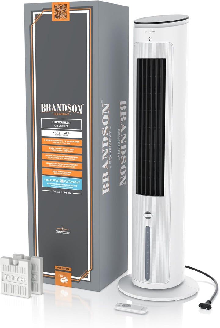 Brandson - Turmventilator mit Wasserkühlung - Preisträger 2025 - Verdunstungskühler - Luftkühler - Ventilator - mobile Klimaanlage ohne Abluftschlauch - 5 in 1 - leise - 4,6 L Wassertank - weiß