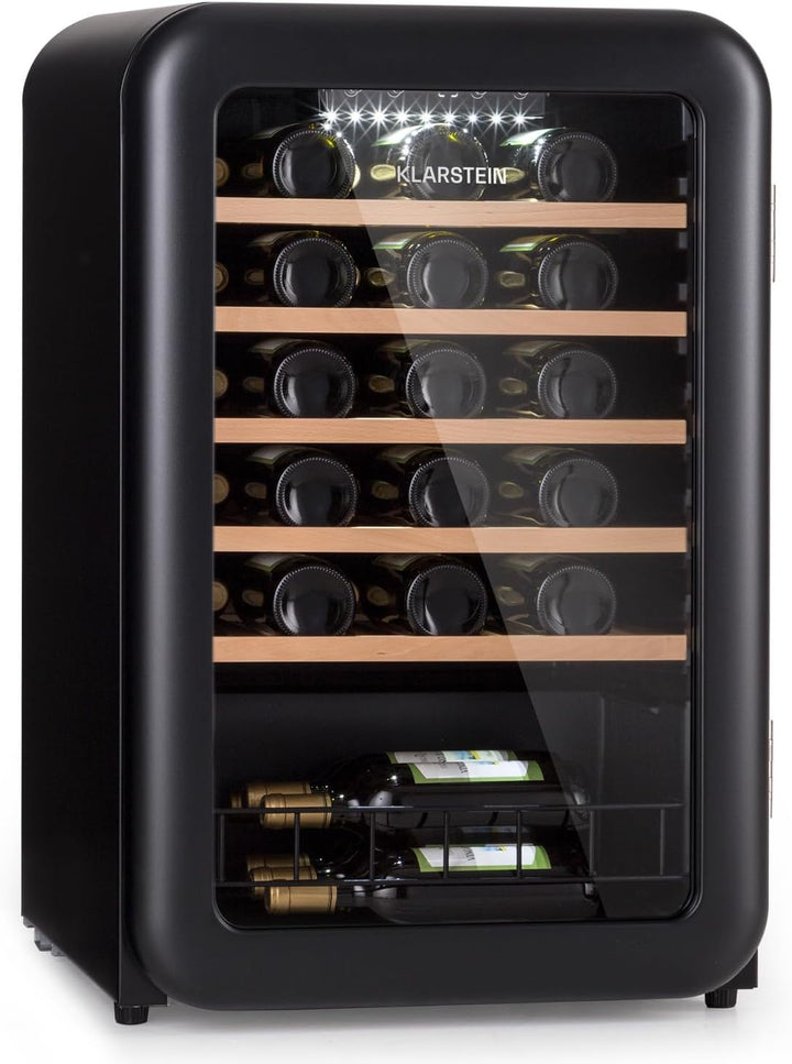 Klarstein Weinkühlschrank, Getränkekühlschrank Schmal, Kühlschrank mit Glastür, Getränkekühlschränke Freistehend, Weinkühlschrank Klein, Weinkühlschränke 1 Zone, UV-Schutz, 4-22 °C, 19 Flaschen