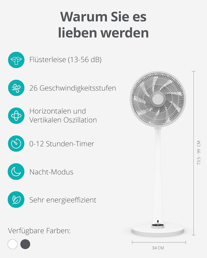 Duux Whisper 2 Standventilator Leise - Sparsamer DC-Motor mit 26 Geschwindigkeiten - Ventilator Höhenverstellbar (73-95cm) - Horizontale + Vertikale Oszillation - Weiß