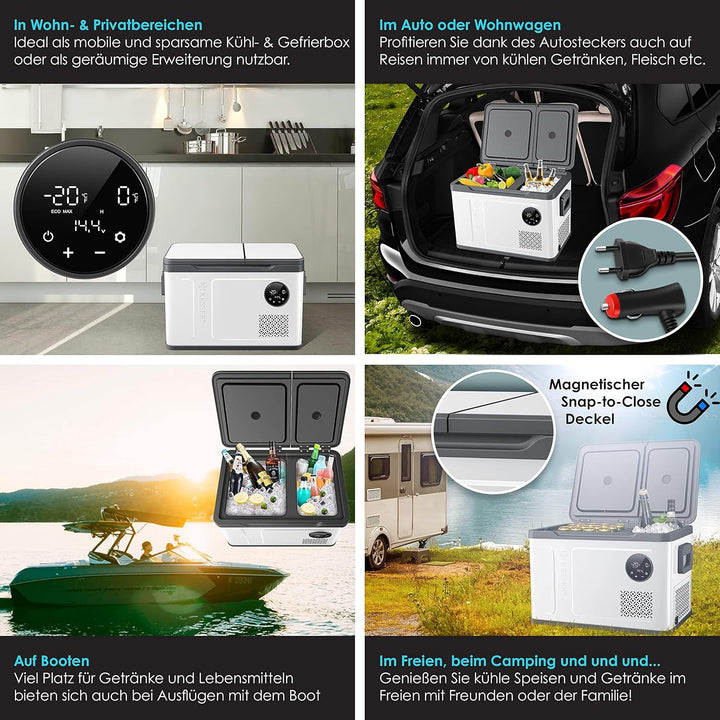 KESSER Kompressor Kühlbox 2in1 Doppelzone Kühl & Gefrierfach elektrische Gefrierbox mit 2x Kühlakkus & LED-Touch-Bedienung | Kühlschrank Kühlung bis -20 °C für Camping, Auto, Lkw 12/24V 230V