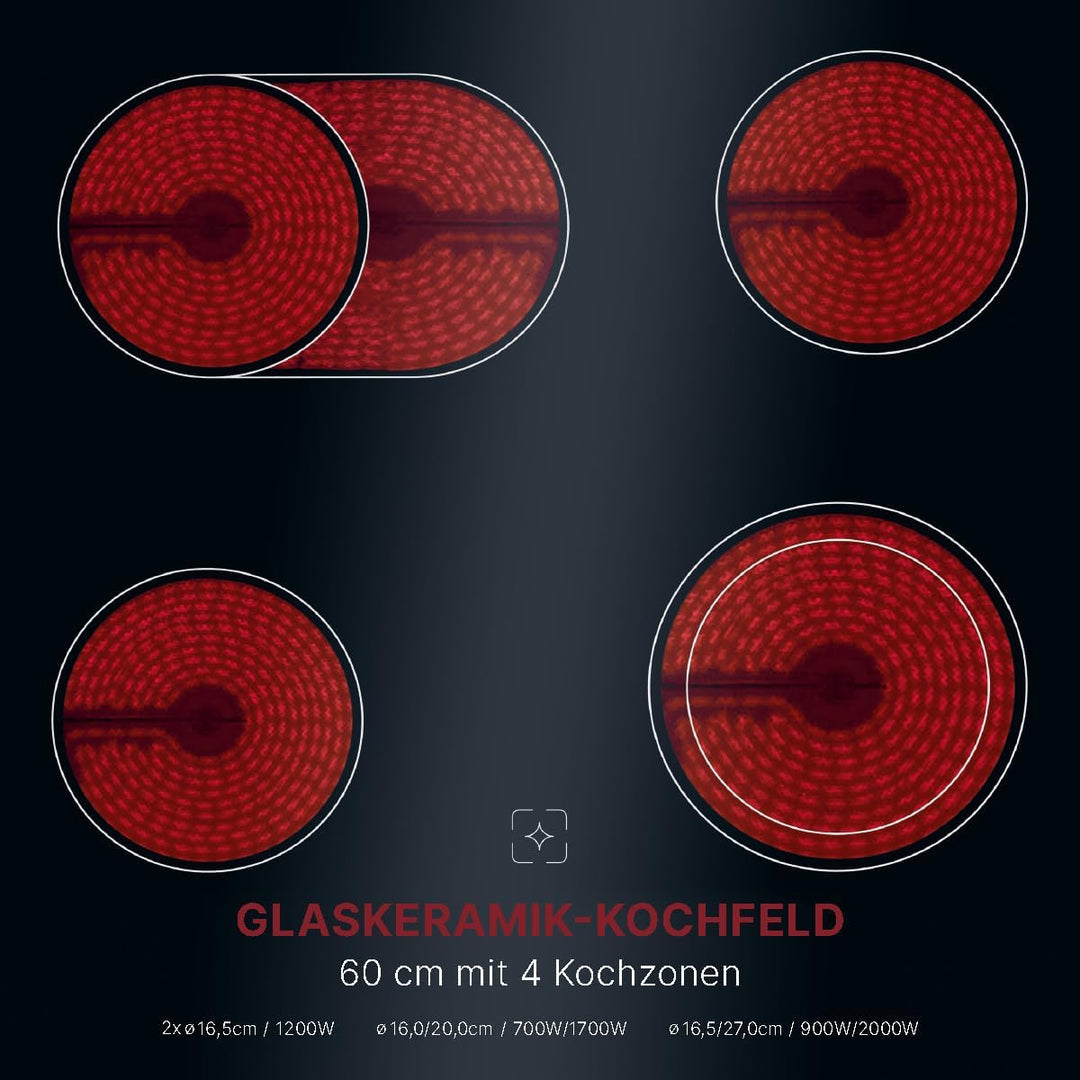 Bomann Elektroherd-Set | Einbauherd mit Ceranfeld | Kochfeld mit 4 Kochzonen | Einbaubackofen mit 56l Nutzinhalt | 9 Backofen Funktionen | Glaskeramik-Kochfeld mit Bräterzone | EHBC 7936 IX
