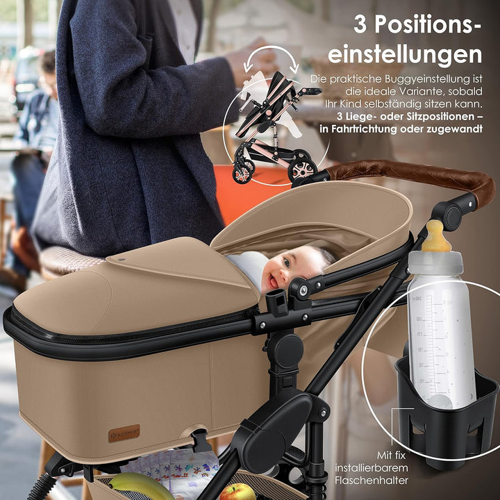 KESSER Loops 3 in 1 Kinderwagen Kombikinderwagen Komplett-Set inkl. Babywanne & Buggy Sportsitz & Auto-Babyschale Voll-Gummireifen Wickeltasche Regenschutz Kindertisch ECE R129, Schwarz/Champagne
