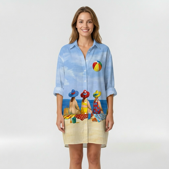 Vestido camisero estampado con mangas largas para mujer