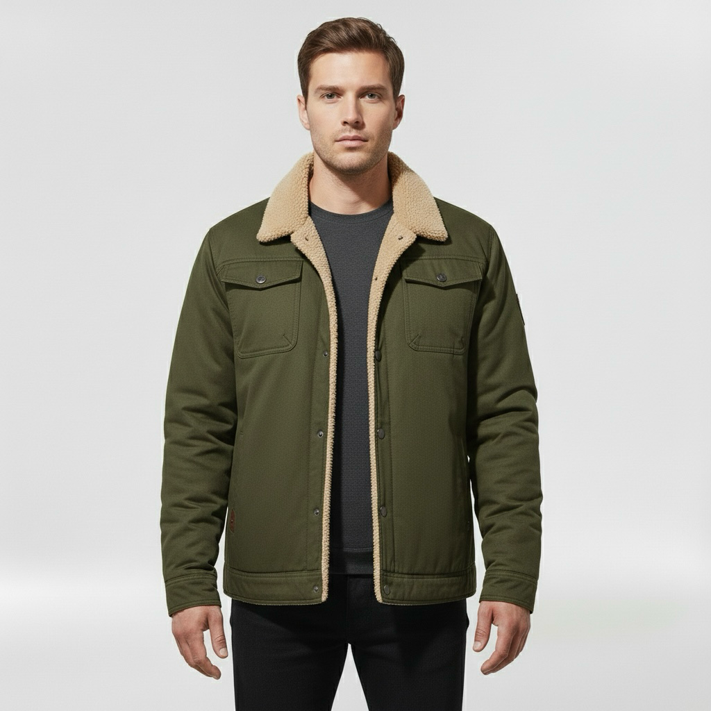 Pánská bunda s límcem z beránčí kožešiny a předním zipem pro chladné počasí