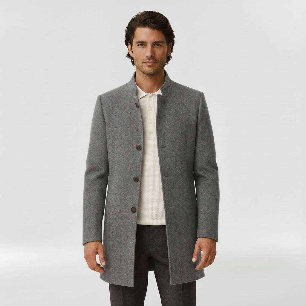 Men's coat with single front button fastening for winter