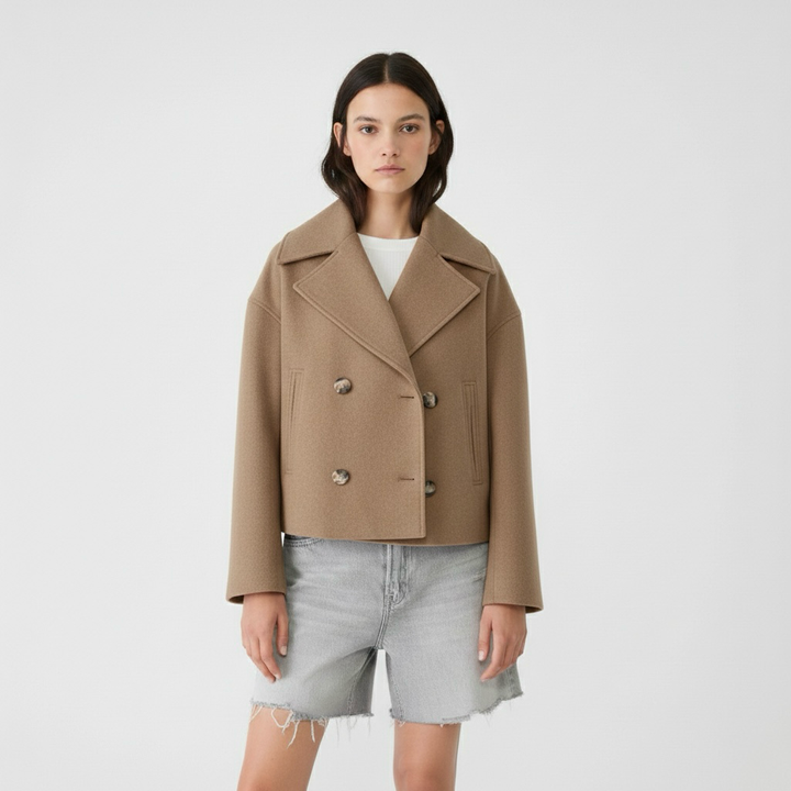 Cappotto lungo da donna con doppia abbottonatura frontale per l'inverno