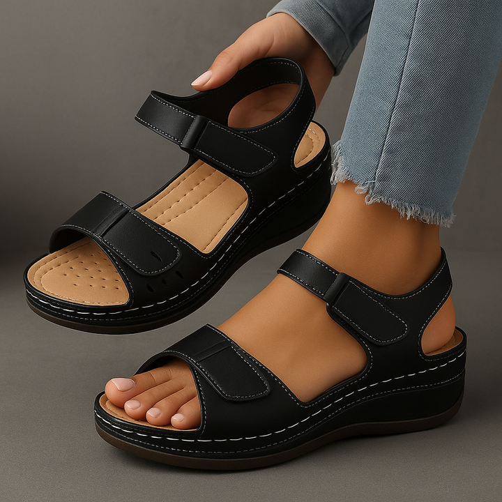 Theresa | Damensandalen mit offener Spitze, Knöchelriemen und Plateausohle