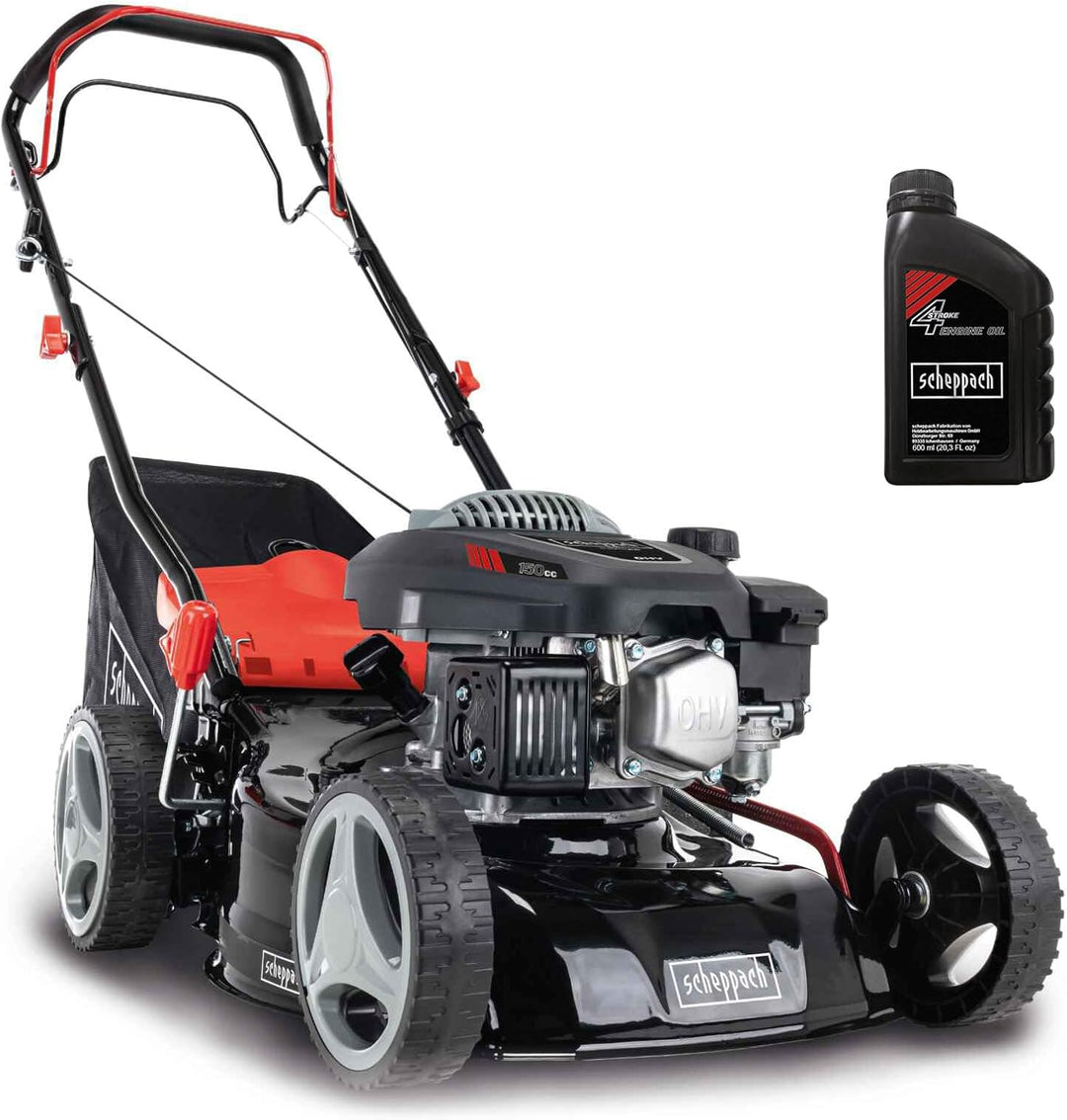 Scheppach Benzin Rasenmäher MS150-42 - 3,5PS | Schnittbreite 42cm | Radantrieb | Stahlgehäuse | Reinigungsfunktion | Mulchfunktion | 45 Liter Fangkorb | Höhenverstellung in 7 Stufen (25-75mm)