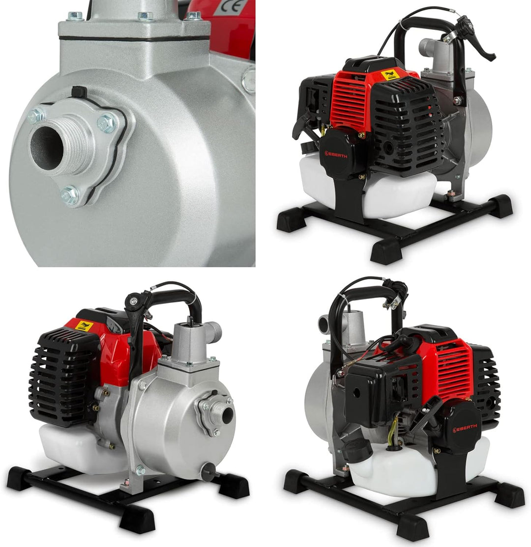 EBERTH 5,5PS Wasserpumpe mit 30.000l/h und 30m Förderhöhe, 2 Zoll Anschluss, Gartenpumpe Schmutzwasserpumpe mit 4-Takt-Motor und 7m Ansaughöhe, Benzin Pumpe, Seilzugstart, Metallfuß, Tragegriff