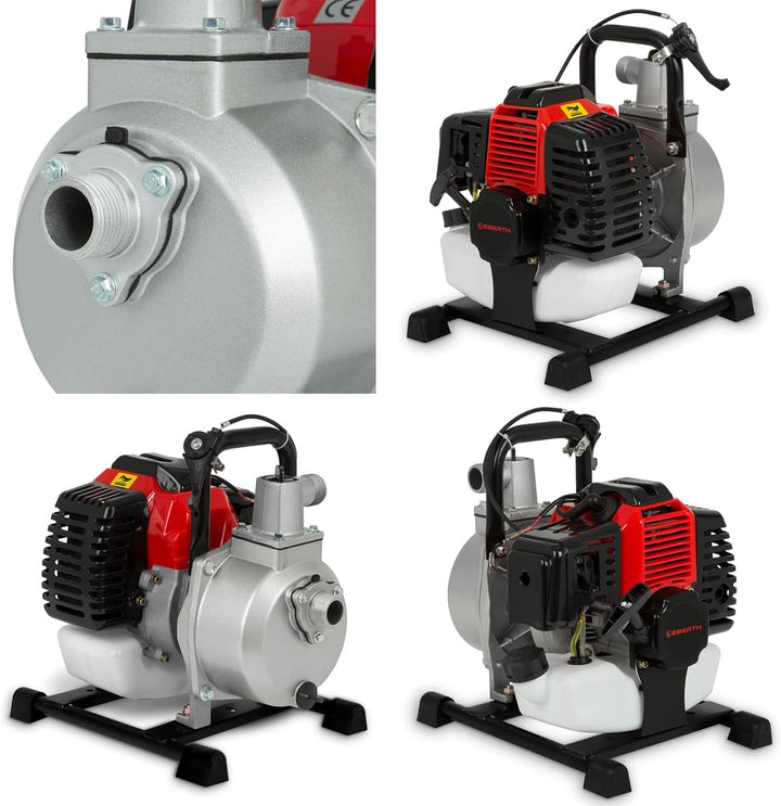 EBERTH 5,5PS Wasserpumpe mit 30.000l/h und 30m Förderhöhe, 2 Zoll Anschluss, Gartenpumpe Schmutzwasserpumpe mit 4-Takt-Motor und 7m Ansaughöhe, Benzin Pumpe, Seilzugstart, Metallfuß, Tragegriff