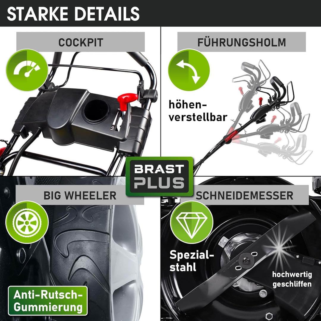 BRAST® Benzin Rasenmäher mit Antrieb | 5,2kW (7PS) | 55cm Schnittbreite | viele Modelle | TÜV | 30-80mm Schnitthöhe | 60L Fangkorb | 4 Takt OHV Motor | Stahlgehäuse | Power