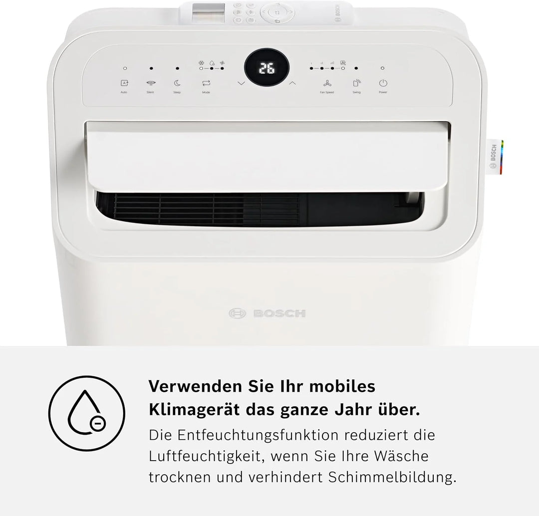 Bosch Cool 4000 Mobiles Klimagerät - 3-in-1: Klimagerät, Luftentfeuchter, Ventilator - 2,6 kW für Räume bis zu 35m² - Mit Auto-Modus, Silent-Modus & Sleep-Modus