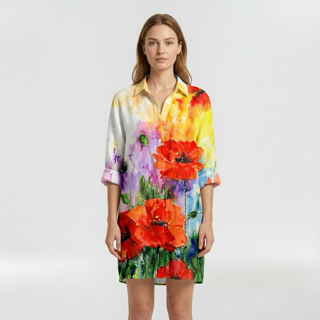 Vestido camisero estampado con mangas largas para mujer