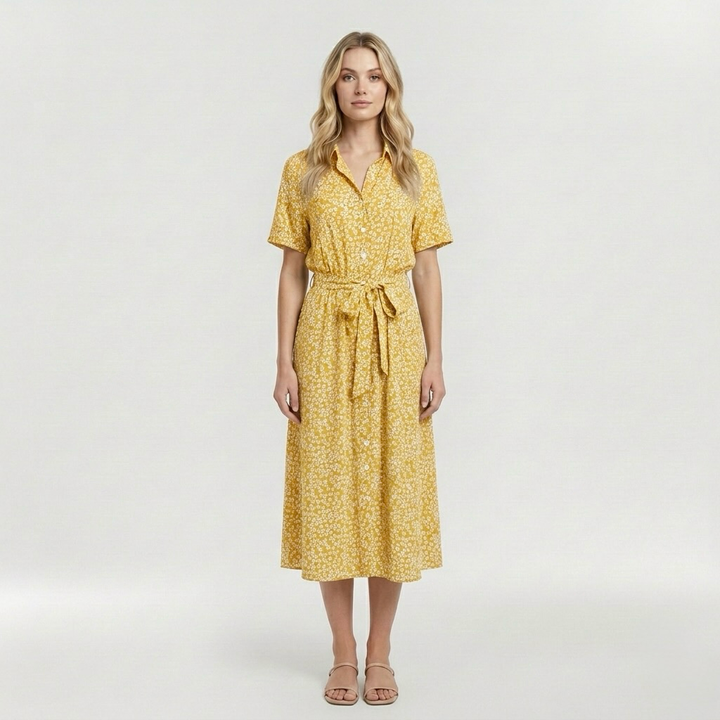 Vestito midi stampato con cintura e manica corta da donna