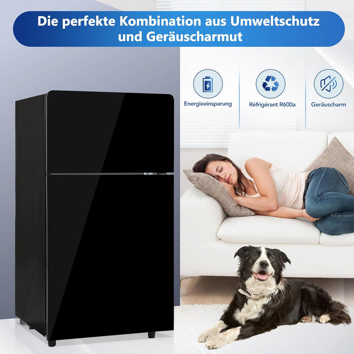 Merax Kühlschrank mit Gefrierfach, Kühl-Gefrierkombination, klein Kühlschrank mit 51L und Gefrierschrank 21L, Leise, LED, Glasablagen, Gemüsefach, Türablagen, für Küche, Wohnzimmer, Büro, Schwarz