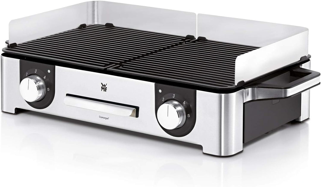 WMF Lono Master-Grill, Elektrogrill, 50x28 cm, Elektrogrill Tischgrill mit Windschutz und Auffangschale, Outdoorzertifiziert für Barbecue, 2 getrennt regulierbare Grillflächen, 2400 W, edelstahl matt
