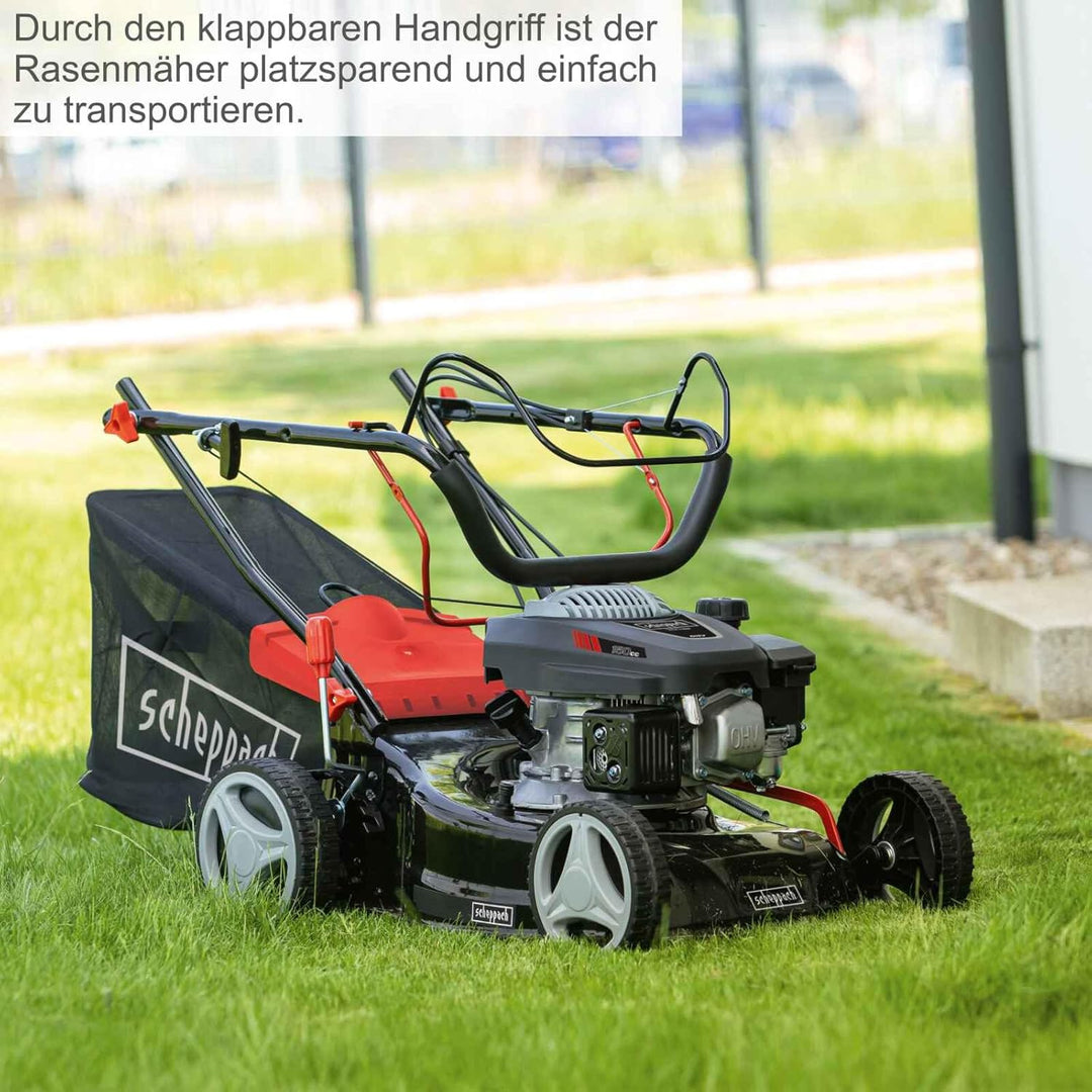 Scheppach Benzin Rasenmäher MS150-42 - 3,5PS | Schnittbreite 42cm | Radantrieb | Stahlgehäuse | Reinigungsfunktion | Mulchfunktion | 45 Liter Fangkorb | Höhenverstellung in 7 Stufen (25-75mm)