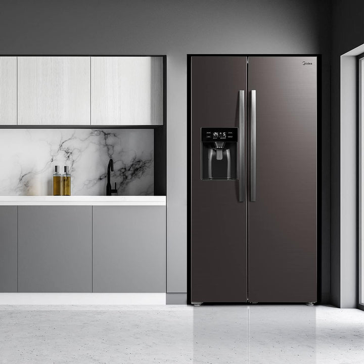 Midea KS-DDX 6.32 WT Side-by-Side Kühl-/Gefrierkombination/ 178,8 cm Hhe/ 254 kWh/Jahr/No Frost/Dual Inverter Compressor/mit 3in1 Wasser-/Eisspender und Wassertank, Dark Inox