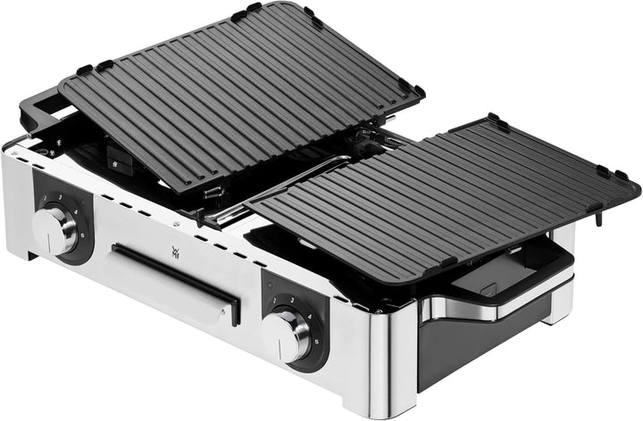 WMF Lono Master-Grill, Elektrogrill, 50x28 cm, Elektrogrill Tischgrill mit Windschutz und Auffangschale, Outdoorzertifiziert für Barbecue, 2 getrennt regulierbare Grillflächen, 2400 W, edelstahl matt