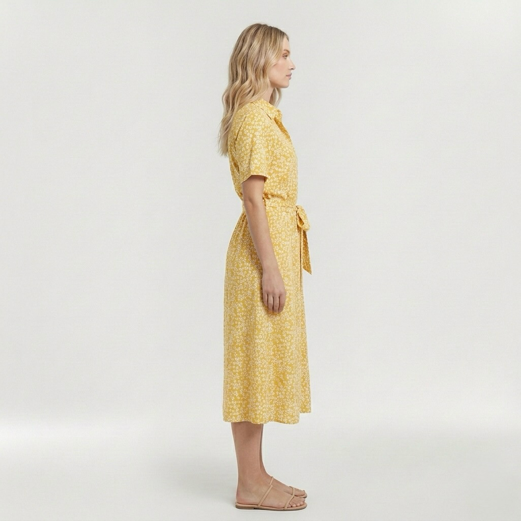 Vestito midi stampato con cintura e manica corta da donna