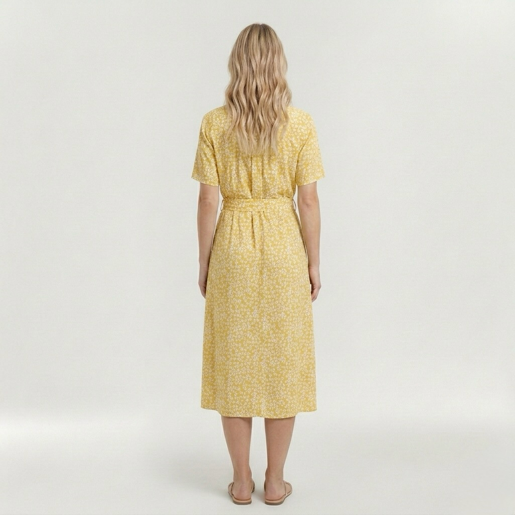 Vestito midi stampato con cintura e manica corta da donna