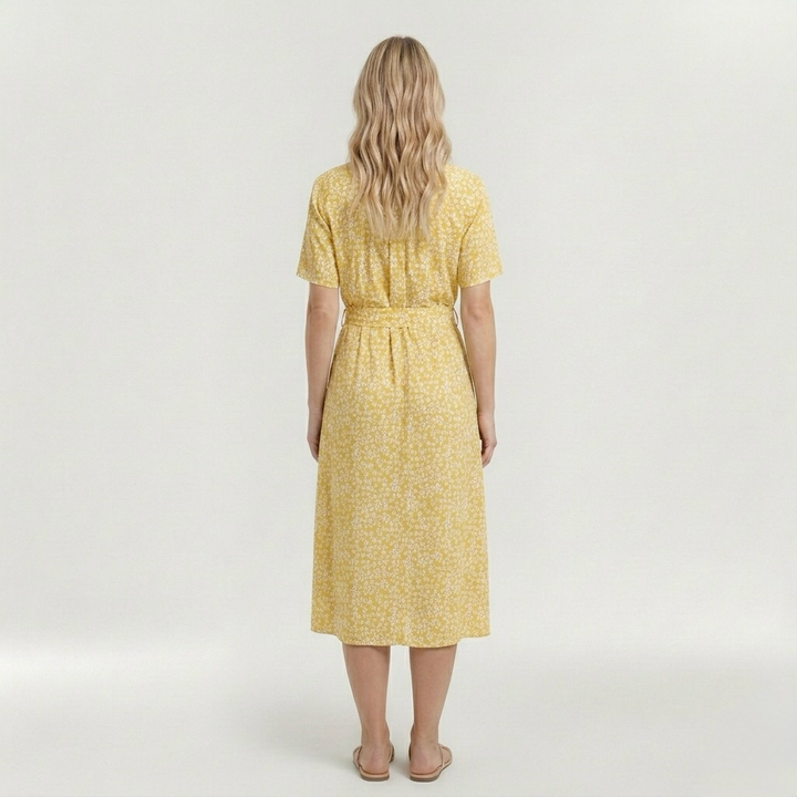 Vestito midi stampato con cintura e manica corta da donna